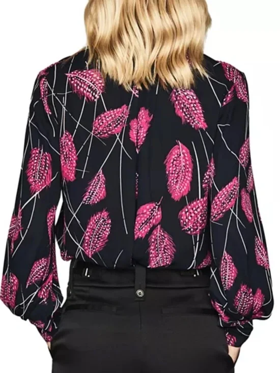 Reiss Lily Feather Print Blouse Navy Pink Tie Neck Size 4 - Picture 2 of 16